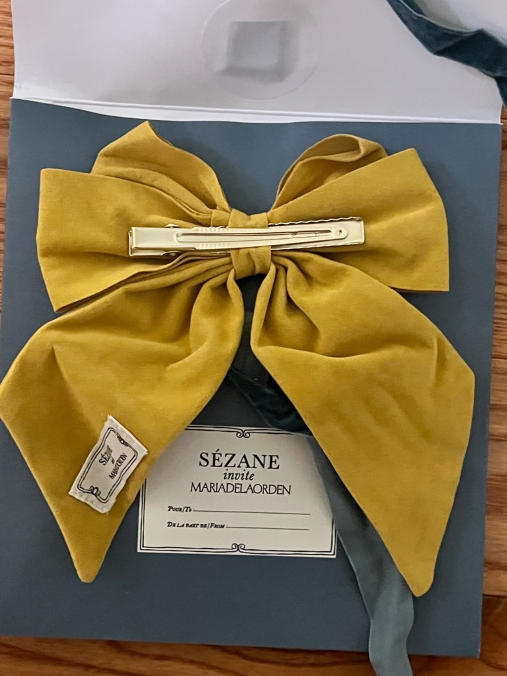 Sezane Mustard Yellow Velvet Bow Hair Tie - Picture 2 of 3